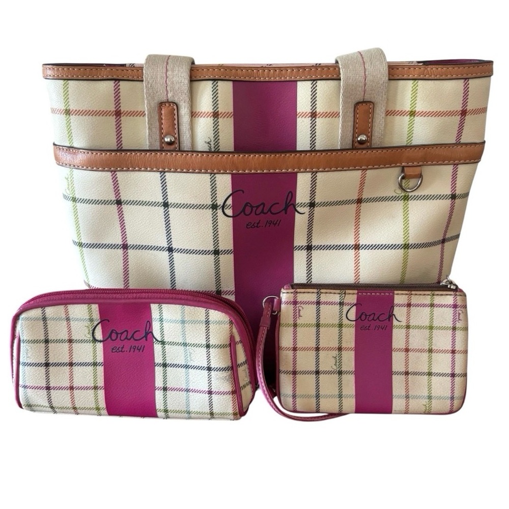 Coach Cream Plaid Tote with Fuchsia Center Stripe and Matching Pouches